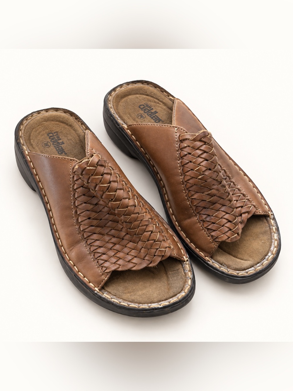 Cobbie Cuddlers Women’s 7 Brown Leather Woven Slide Sandals Comfort Heel